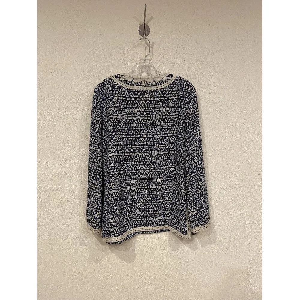 Tory Burch Blouse Womens Size 10 Blue Geometric Tunic Long Sleeve Crochet Trim